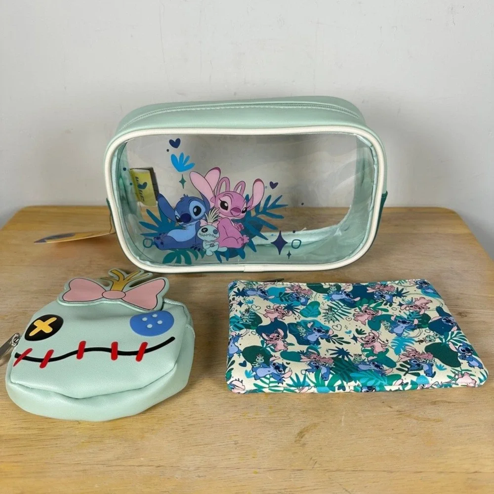 Disney 3 Piece Cosmetic Toiletry Travel‎ Bag Set Stitch Angel Scrump Pouch NWT